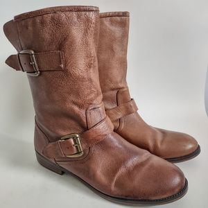 Steve Madden Temmpt Brown Leather Moto Harness Boots Side Zip Women's Size 10